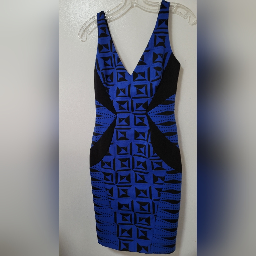Lotus Threads Dress Womens Size Small Blue Black Geo Print Bodycon Sleeveless